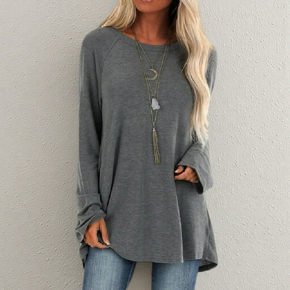 POROPL Tunic Tops to Wear with Leggings,Women Casual O-Neck T-Shirt Loose Long Sleeve Tops Solid Blouse