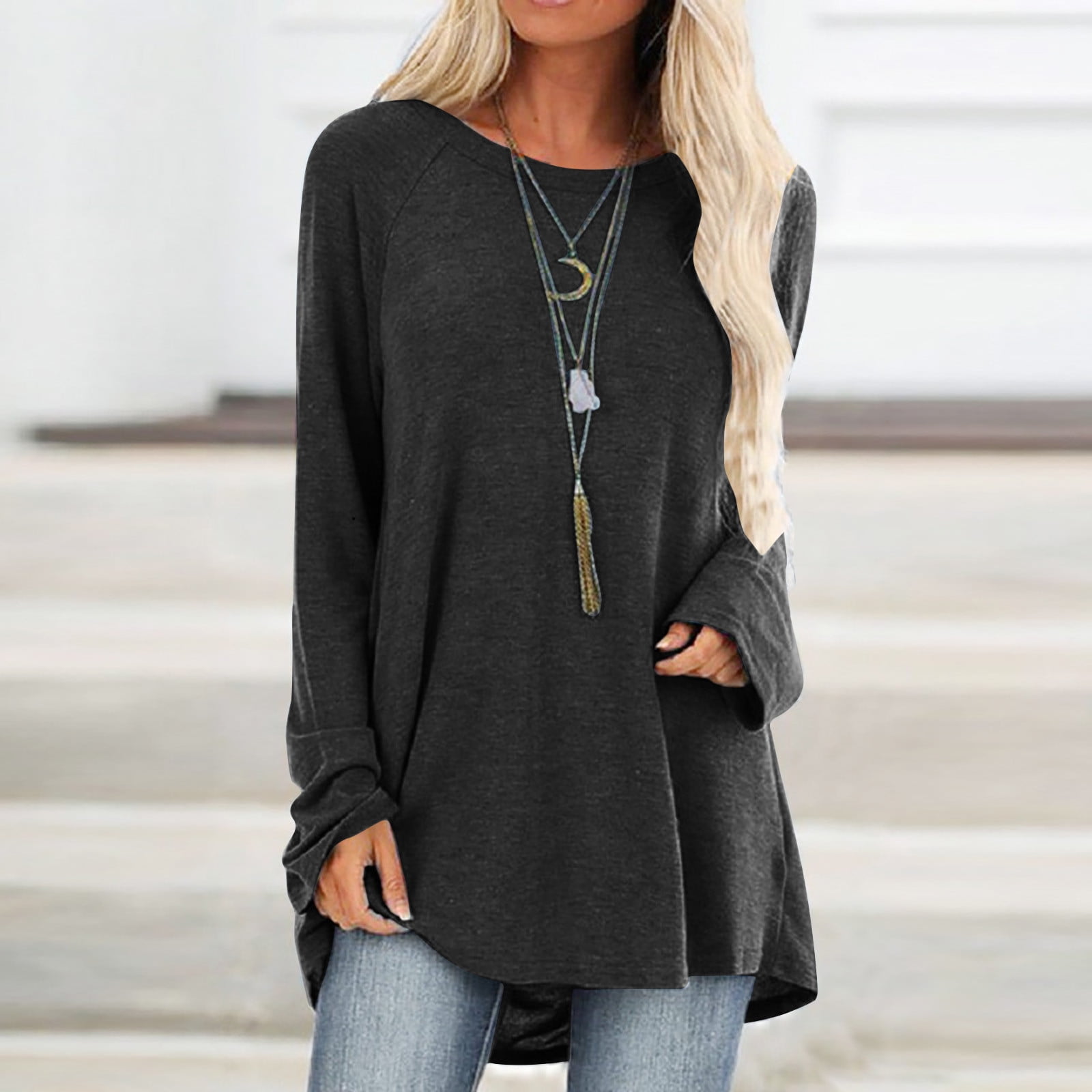 POROPL Tunic Tops To Wear With Leggings Women Casual O Neck T Shirt Loose Long Sleeve Tops Solid Blouse Walmart