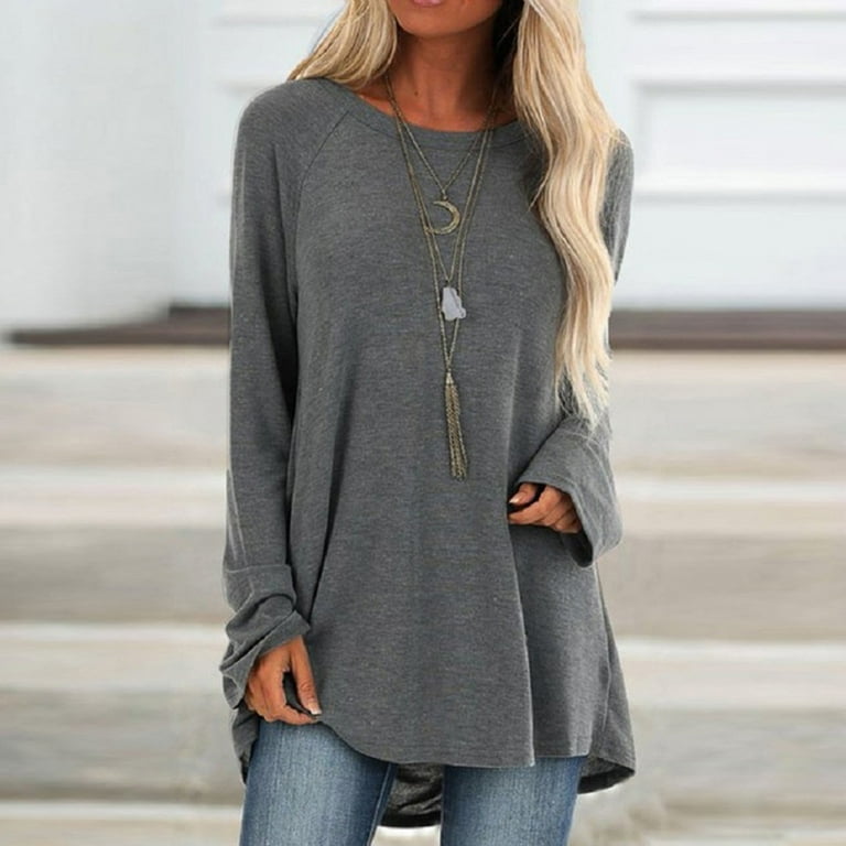 POROPL Tunic Tops To Wear With Leggings,Women Casual O-Neck T-Shirt Loose  Long Sleeve Tops Solid Blouse 