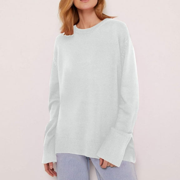 POROPL White Sweaters for Women Long Sleeve Crew Neck Sweater Casual Oversized Knitted Size S-L