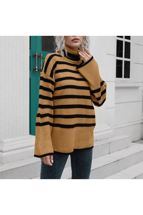 White Sweaters for Women Long Sleeve High Neck Sweater Casual Oversized Knitted Striped Blouse Top Size S-XL