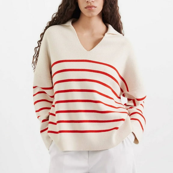 POROPL White Sweaters for Women Long Sleeve V-Neck Sweater Oversized Knitted Striped Top Size S-L