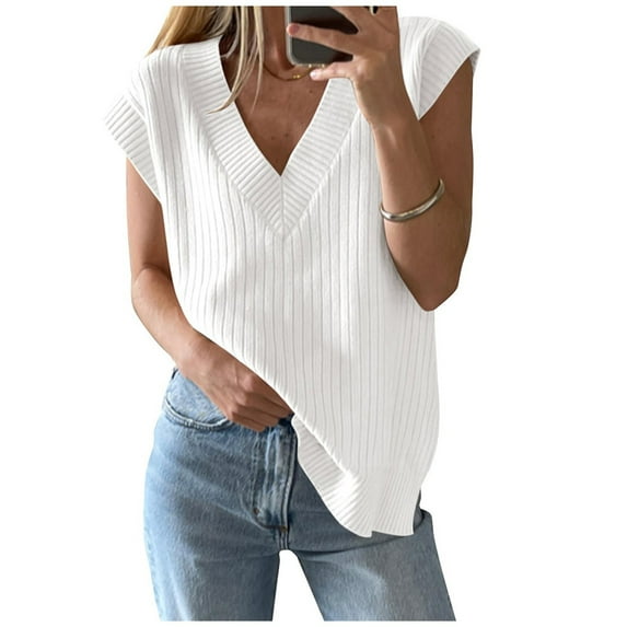 POROPL White Sweaters for Women Sleeveless V-Neck Sweater Casual Oversized Top Pullover Size S-XL