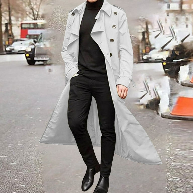 POROPL White Trench Coats for Men long Winter Solid Color Warm Lapel Coat Business Long Trench Coat Size S