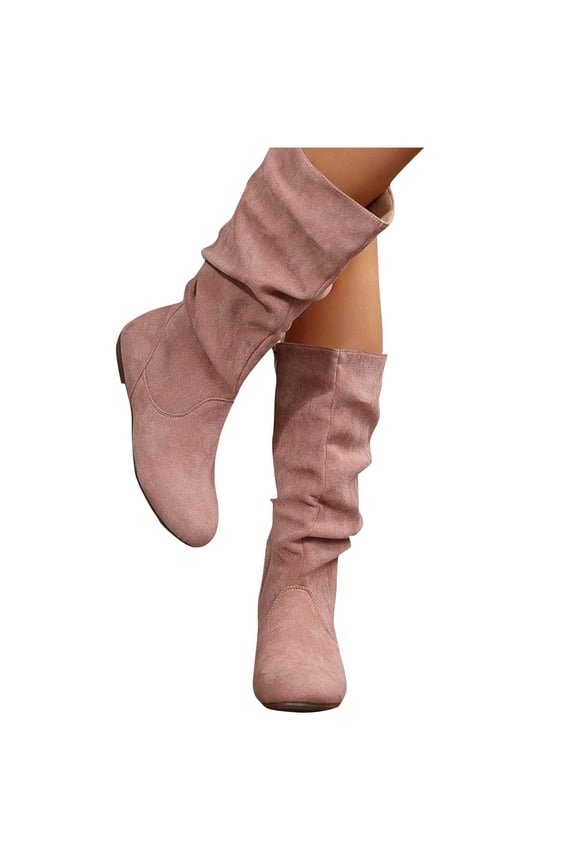 Wide Mid-Calf Boots for Women Casual Zipper Suede Fall Style Fashion Trend Stacked Flat Mid-Calf Boots