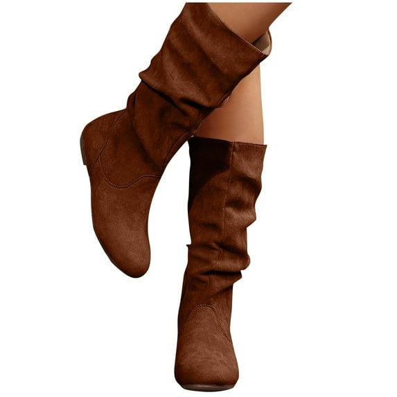 POROPL Wide Mid-Calf Boots for Women Casual Zipper Suede Fall Style Fashion Trend Stacked Flat Mid-Calf Boots