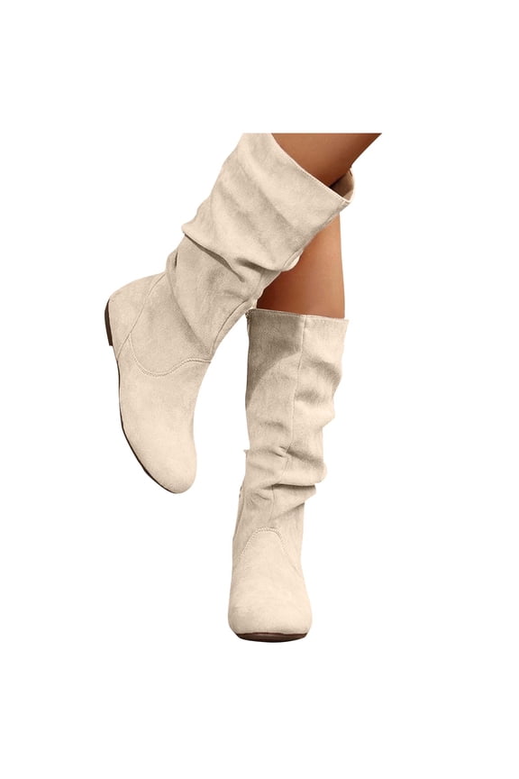 Wide Mid-Calf Boots for Women Casual Zipper Suede Fall Style Fashion Trend Stacked Flat Mid-Calf Boots