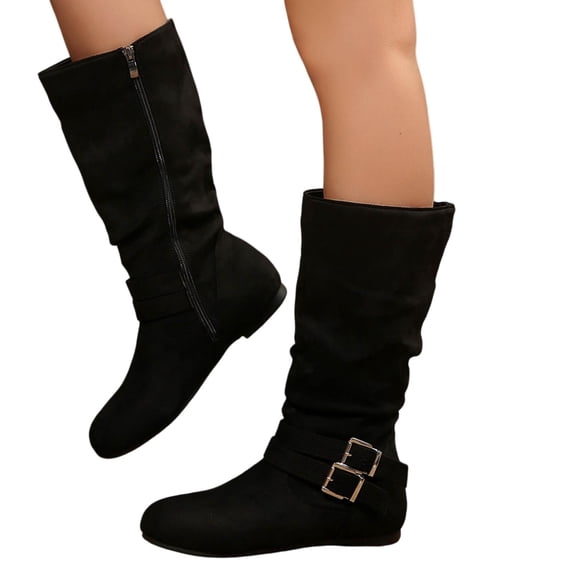 POROPL Winter Boots for Women,Mid Calf Boots Slouch Low Heel Side Zipper Fashion Ankle Buckle Boots