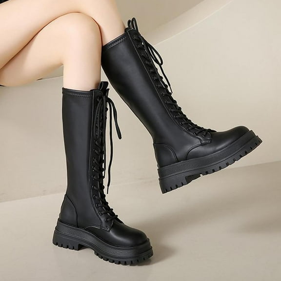 POROPL Winter Boots for Women Mid Calf Fashion Chunky Lace Up Shoes,Womens Boots Size 7.5