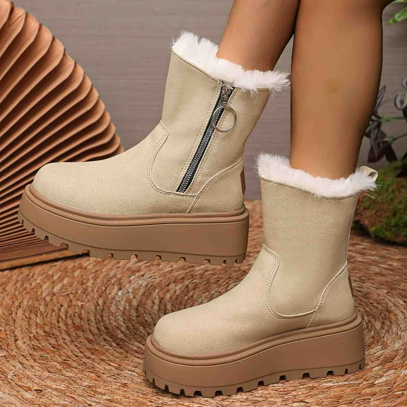 POROPL Winter Boots for Women Mid Calf Low Heel Chunky Fleece Shoes,Womens Boots Size 5