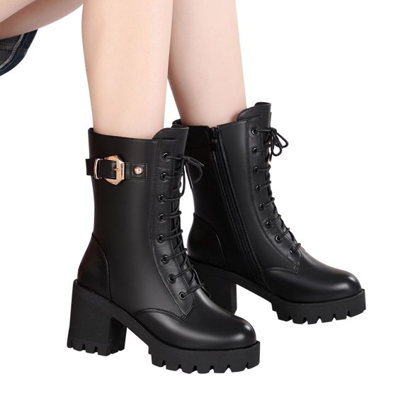 POROPL Winter Boots for Women Mid Calf Winter Fleece High Heel Shoes,Size 9