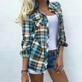 thumbnail image 1 of POROPL Woman Plaid Shirt Sexy V-neck Lapel Collar Button-Down Plaid Color Long Sleeve Fold Casual Blouse Tops for Lady Blue Size S(US:4), 1 of 3