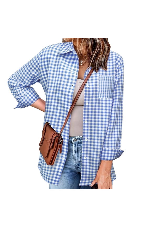 Woman Plaid Shirt Womens V-neck Collar Zipper Color Fold Casual Blouse Tops Blue Size XXL(US:12)