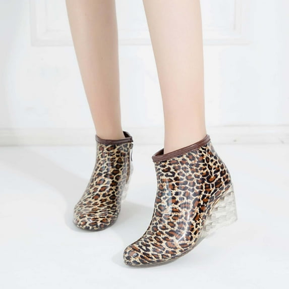 POROPL Womans Rain Boots Mid Calf Fashion Rubber High Heel Wedge Side Zip Up Buckle Shoes,Boots for Saving Size 7.5