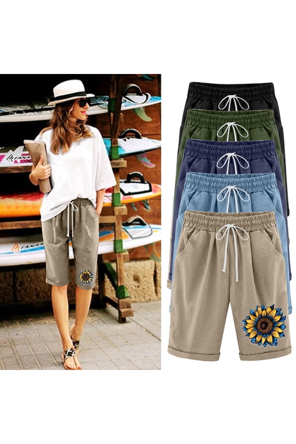 Women Bermuda Shorts Knee Length Summer Elastic Waist Casual Shorts with Pockets Print Short