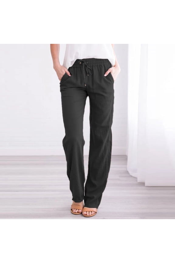 Women's Pants Drawstring Elastic Waist Long Straight Pants Black Size M
