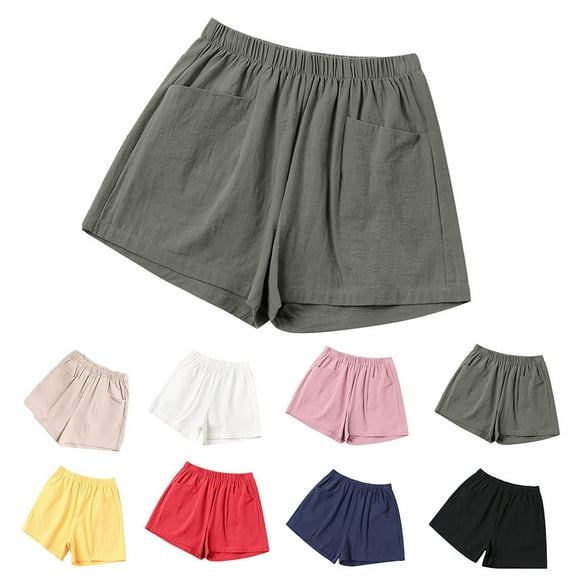 POROPL Women Shorts Under $10 Linen Summer Elastic Waist Shorts with Pockets