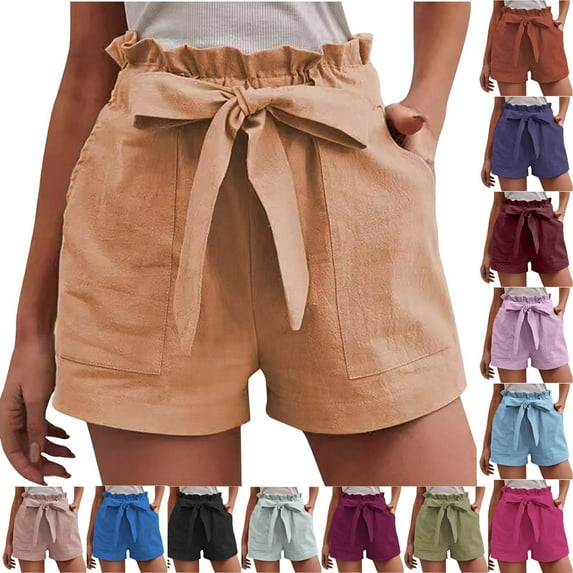 POROPL Women Shorts Linen Summer Fashion High Waist Casual Loose Wide Leg Shorts with Pockets Lace-Up Short