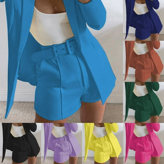 POROPL Women Shorts Solid Suit Pant with Pockets Waisted Shorts with Belt