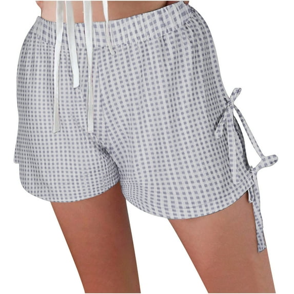 POROPL Women Shorts Summer High Waist Casual Shorts Lace-Up Plaid Short
