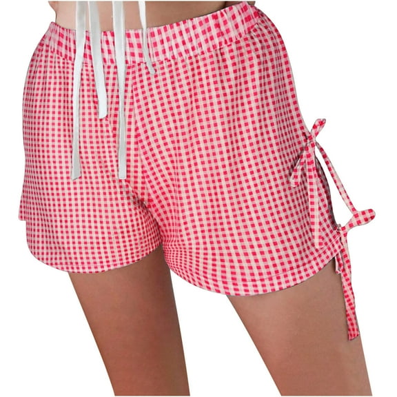 POROPL Women Shorts Summer High Waist Casual Shorts Lace-Up Plaid Short