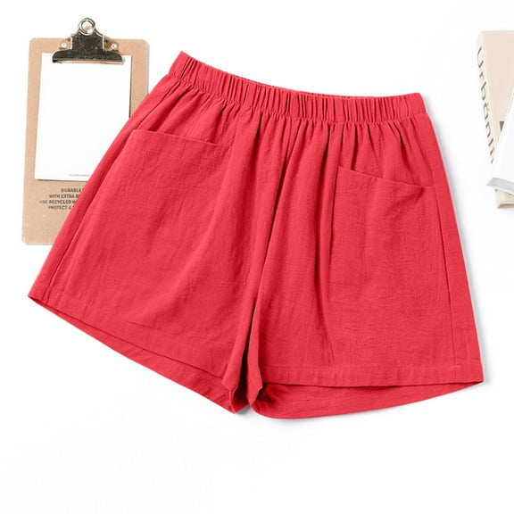 POROPL Women Summer Shorts Linen Elastic Waist Shorts with Pockets