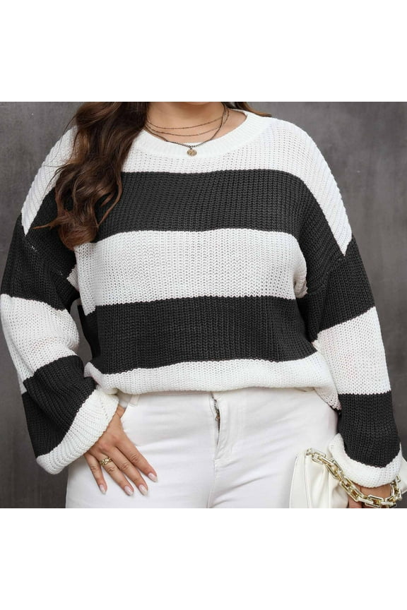 Women Sweaters Crew Neck Sweater Striped Top Pullover Size L-3XL
