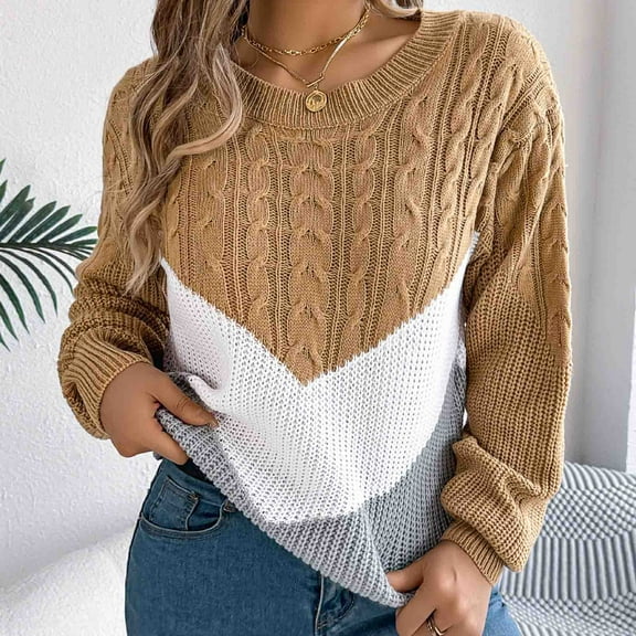 POROPL Women Sweaters Lantern Sleeve Sweater Casual Knitted Color Blocked Top Pullover Size S-XL