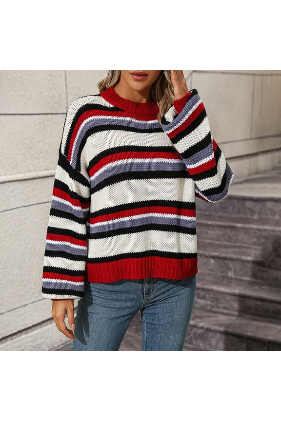 Women Sweaters Long Sleeve Crew Neck Sweater Casual Oversized Knitted Striped Size S-XL