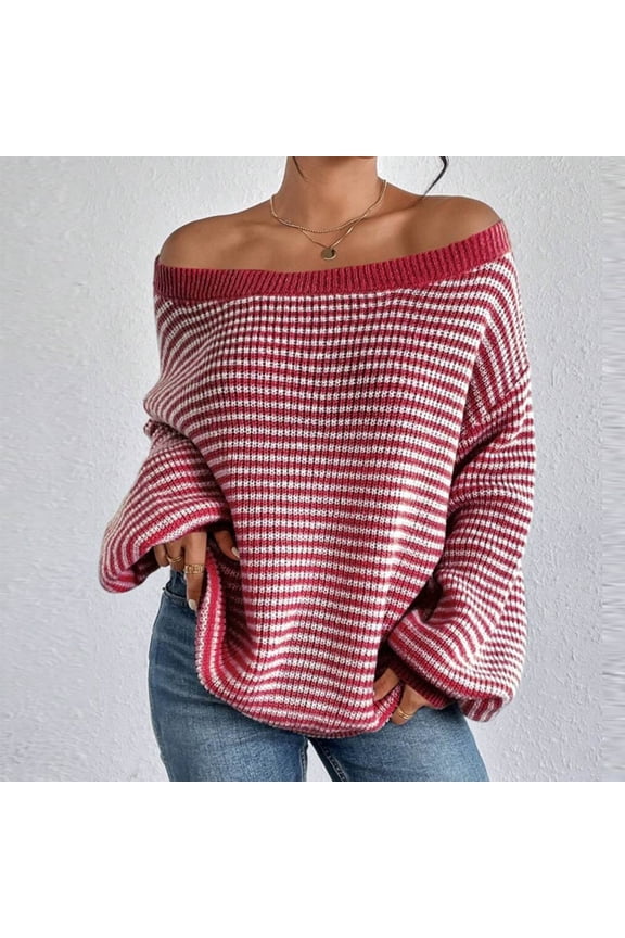 Women Sweaters Long Sleeve Crew Neck Sweater Casual Oversized Striped Top Size S-XXL