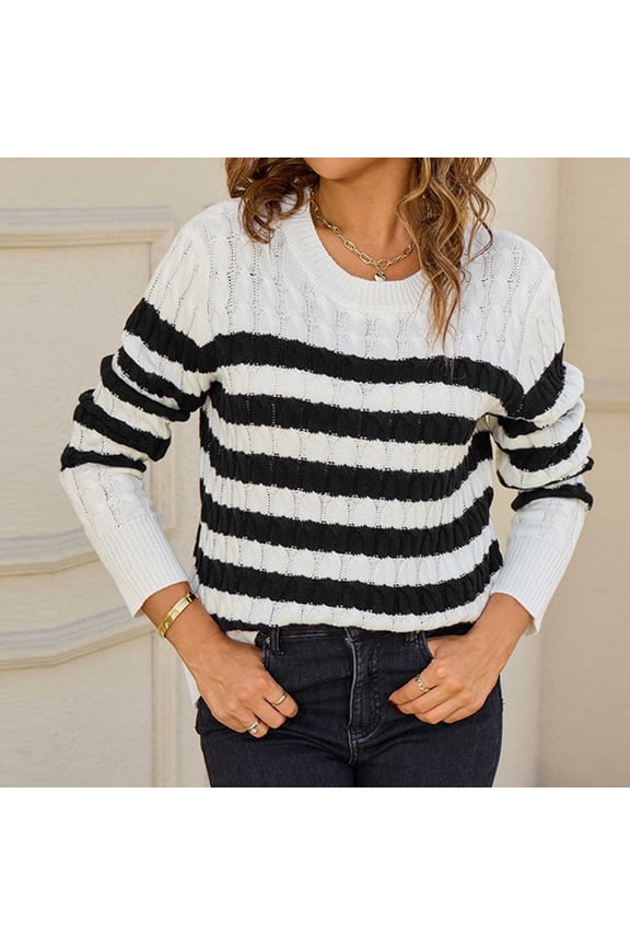 Women Sweaters Long Sleeve Crew Neck Sweater Casual Warm Knitted Striped Top Size S-XL