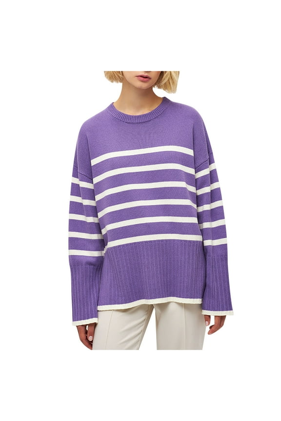 Women Sweaters Long Sleeve Crew Neck Sweater Oversized Striped Pullover Size S-L