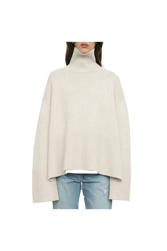 Women Sweaters Long Sleeve High Neck Sweater Casual Oversized Knitted Striped Blouse Top Size S-XL