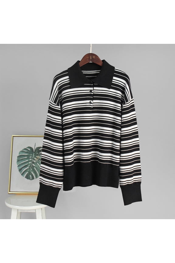 Women Sweaters Long Sleeve V-Neck Sweater Casual Knitted Striped Blouse Size S-L