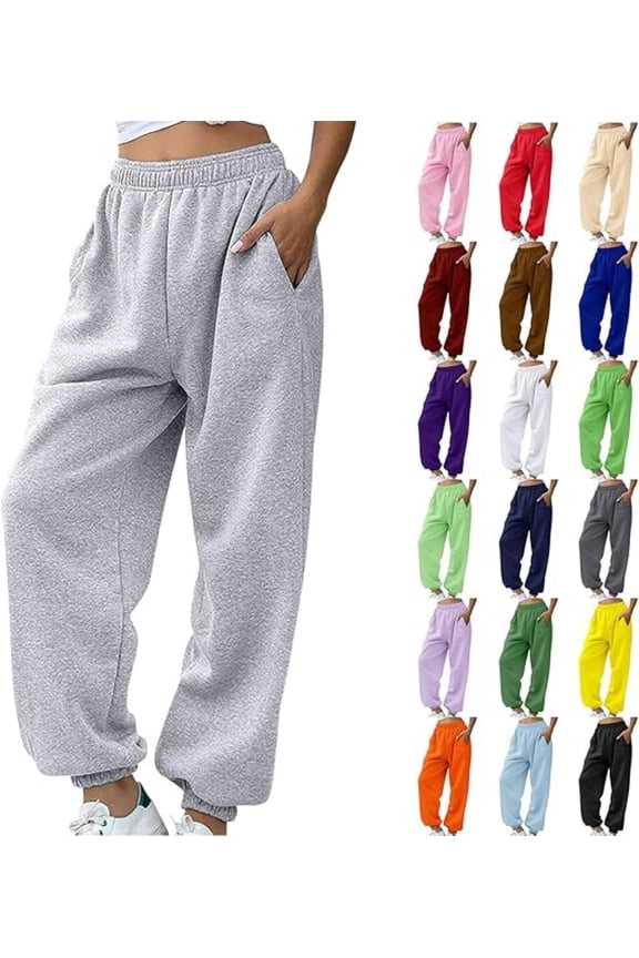 Women's Gray Sweatpants Fleece Lined Casual Elastic Waist Adjustable Cuffs Joggers Workout Pants with Three Pockets