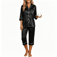 thumbnail image 1 of POROPL Women's Pajama Sets,Silk Satin 3/4 Sleeve Pjs Sleepwear with Button Down Tops and Capri Pants Sizes S-2x, 1 of 8