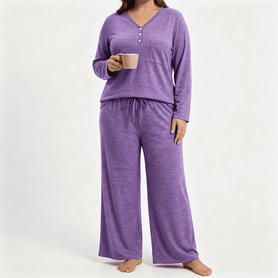 POROPL Women's Plus Size Pajama Sets,Long Sleeve V Neck Sleepwear with Wide Leg Pants Sizes XL-5X