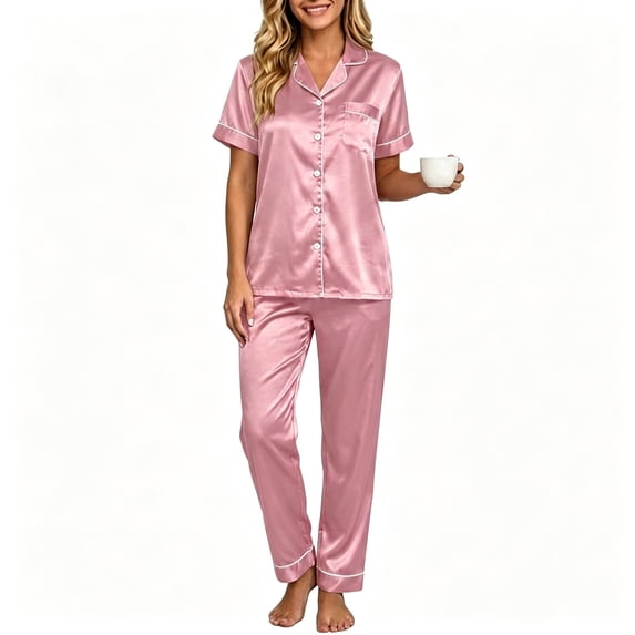 POROPL Women's Plus Size Pajama Sets,Silk Satin Short Sleeve Sleepwear with Button Down Top and Pants Lounge Set Sizes M-5X