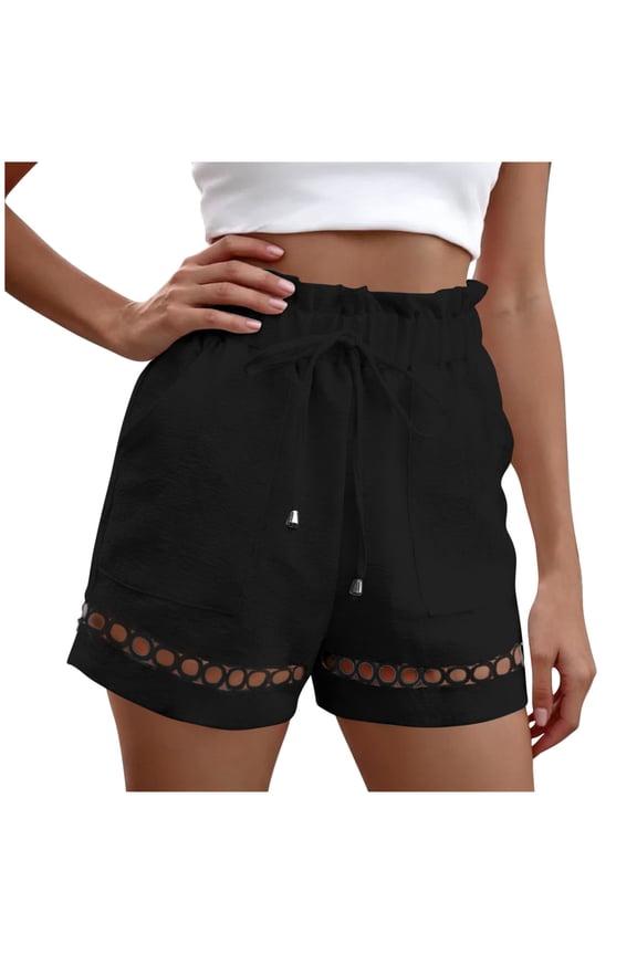 Women's Shorts ,Cotton Linen Drawstring Elastic Waist Hollow Out Boho Shorts with Pockets