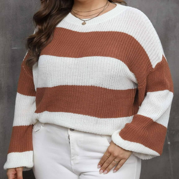 POROPL Women's Sweaters Crew Neck Sweater Striped Top Pullover Size L-3XL