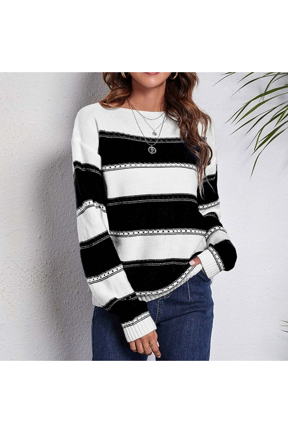 Women's Sweaters Long Sleeve Crew Neck Sweater Casual Knitted Striped Top Pullover Size S-L