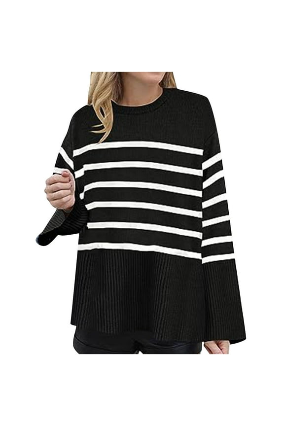 Women's Sweaters Long Sleeve Crew Neck Sweater Oversized Striped Pullover Size S-L