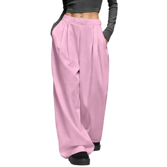 POROPL Women's Wide Leg Pants Baggy Pants Elastic Waist Pleated Front Trousers with Pockets