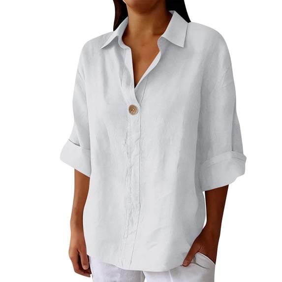 POROPL Womens Blouses 3/4 Sleeve Cotton Linen Button Down Shirt Casual Button V Neck Tunic Blouses