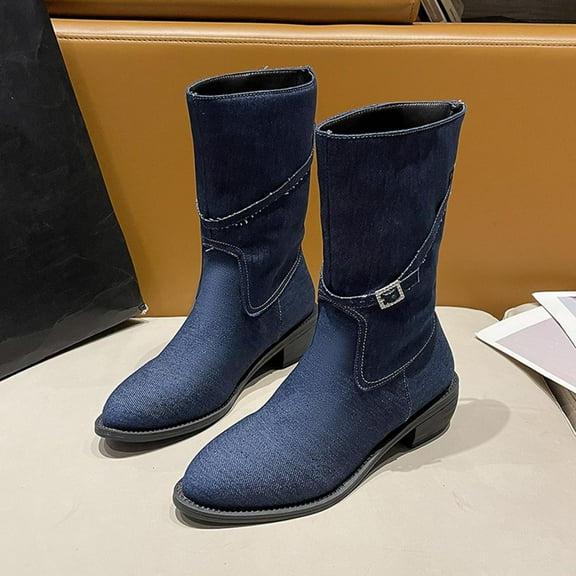 POROPL Womens Boots Mid Calf Pointed Toe Denim Shoes,Boots for Women Size 5