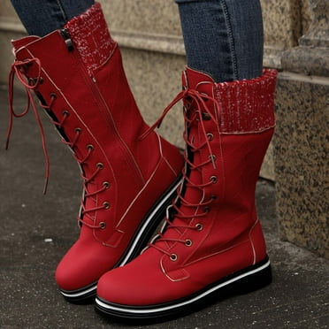 POROPL Womens Boots Mid Calf Winter Flat Side Zip Up Lace Up Shoes,Womens Boots Size 7