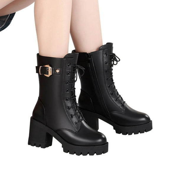 POROPL Womens Boots Mid Calf Winter Fleece High Heel Shoes,Size 4.5