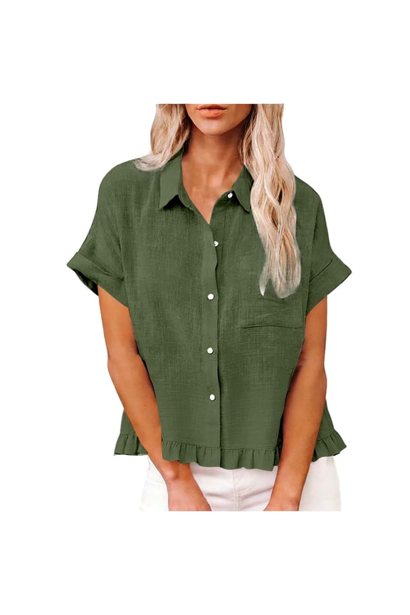 Womens Button Down Shirts Short Sleeve Loose Fit Ruffle Hem Casual Linen Tops Spring Summer