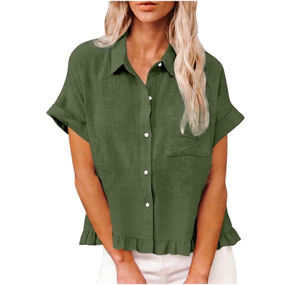 POROPL Womens Button Down Shirts Short Sleeve Loose Fit Ruffle Hem Casual Linen Tops Spring Summer