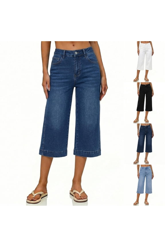 Womens Capris Jeans,Zip Fly & Button Closure Wide Leg Jeans with Pockets Summer Pants